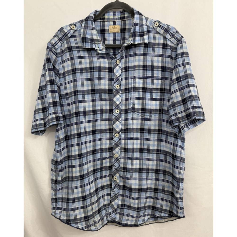 Tommy Bahama Jean Linen Blend Shirt Mens M Blue Plaid Shoulder Epaulettes